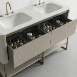 63" Latte Wall Hung LED Vanity with Kari Ice Jade Marble Countertop with Double Ceramic Sink and Pop-up and Brushed Gold Metal Frame and Latte Shelves