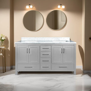 60" Light Grey Freestanding Double Sink Bathroom Vanity with Calcutta Quartz Countertop - Golden Elite Deco