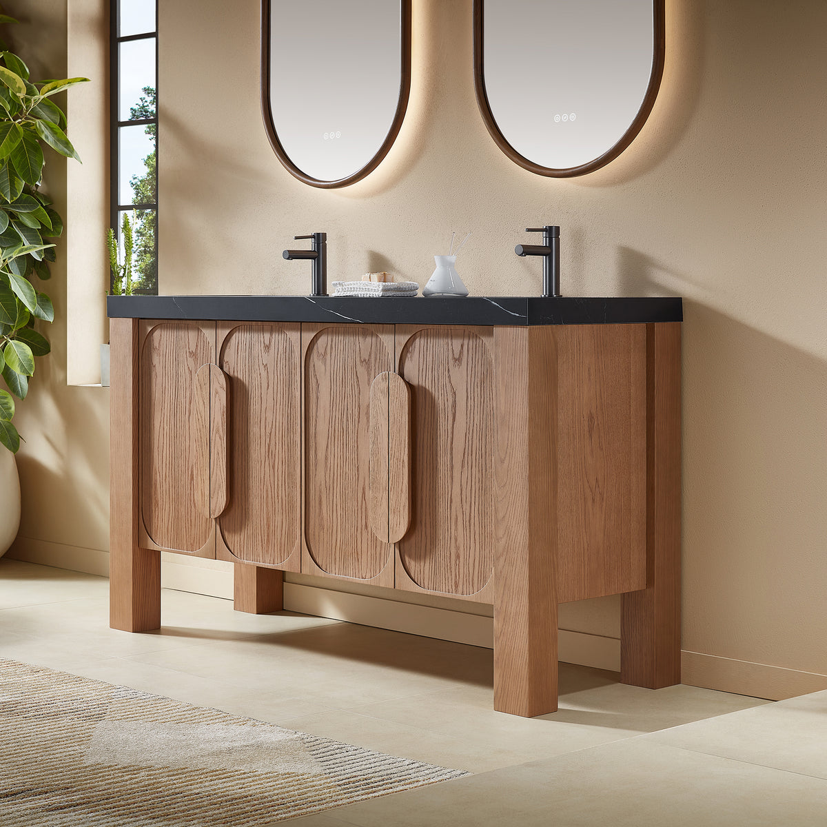 60" Natural Teak Freestanding Double Sinks Bathroom Vanity with Black Marquina Quartz Countertop