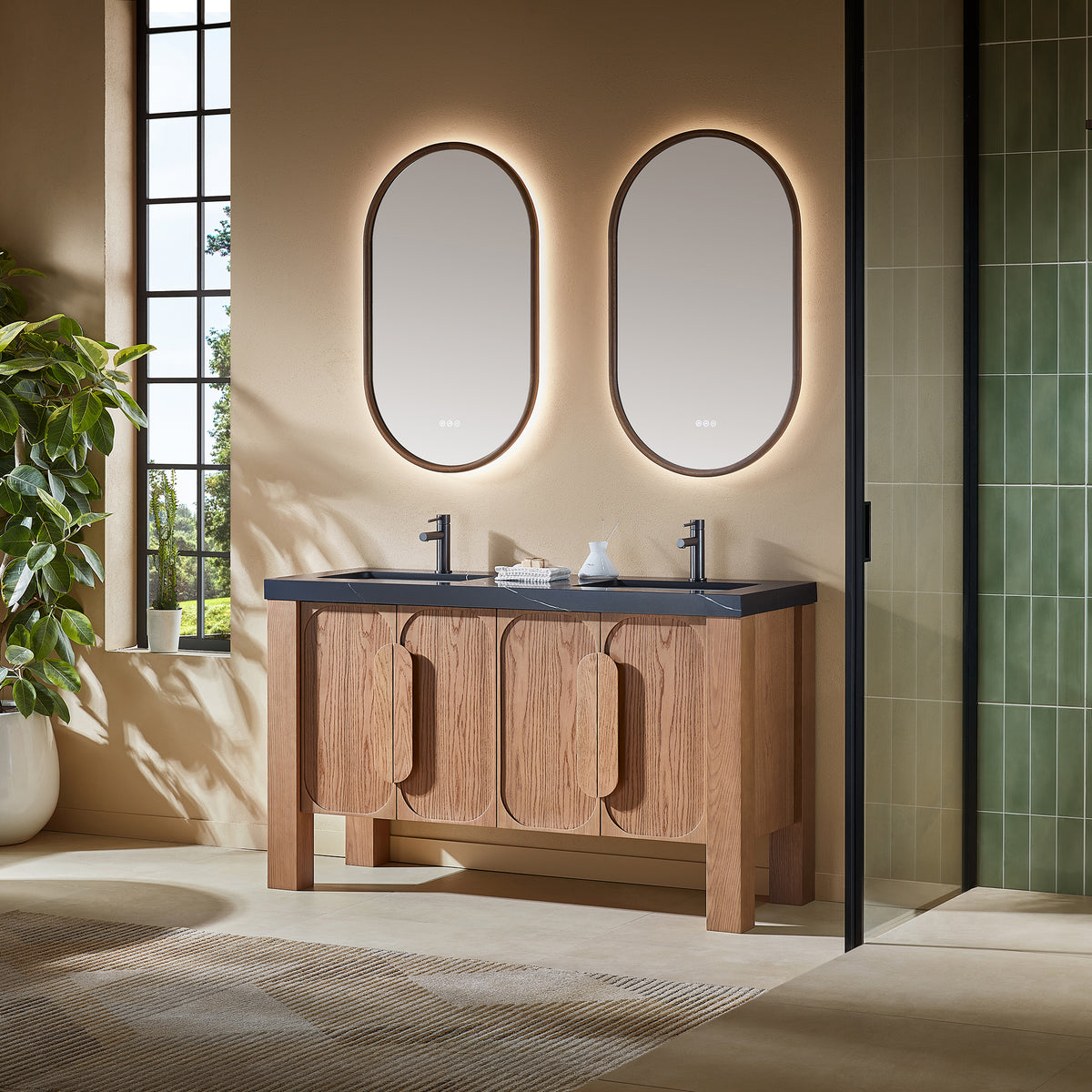 60" Natural Teak Freestanding Double Sinks Bathroom Vanity with Black Marquina Quartz Countertop