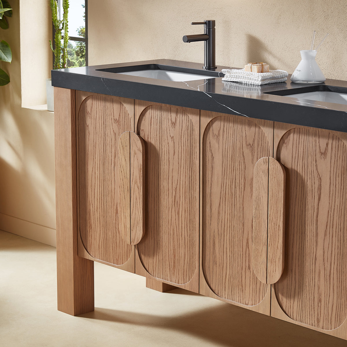 60" Natural Teak Freestanding Double Sinks Bathroom Vanity with Black Marquina Quartz Countertop