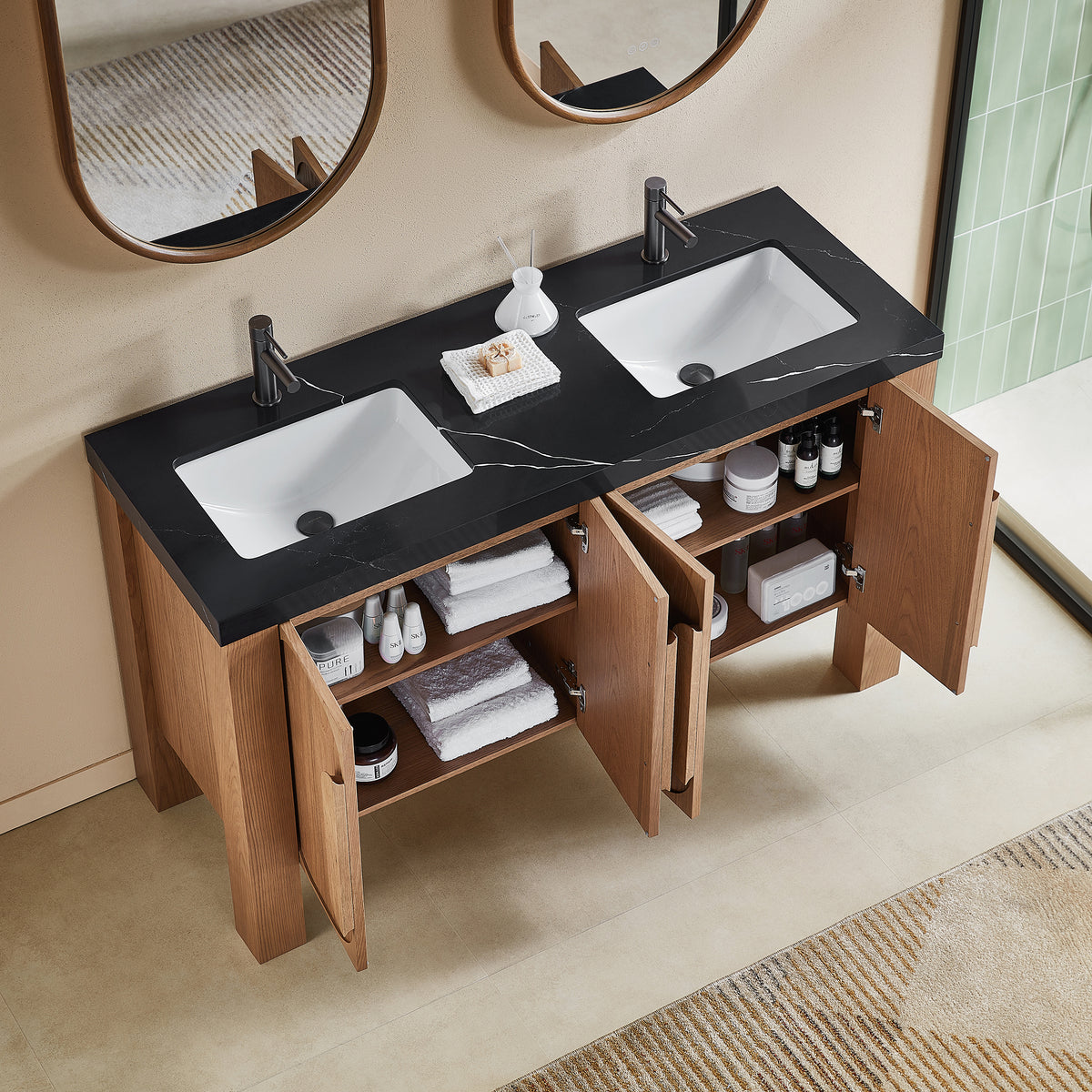 60" Natural Teak Freestanding Double Sinks Bathroom Vanity with Black Marquina Quartz Countertop