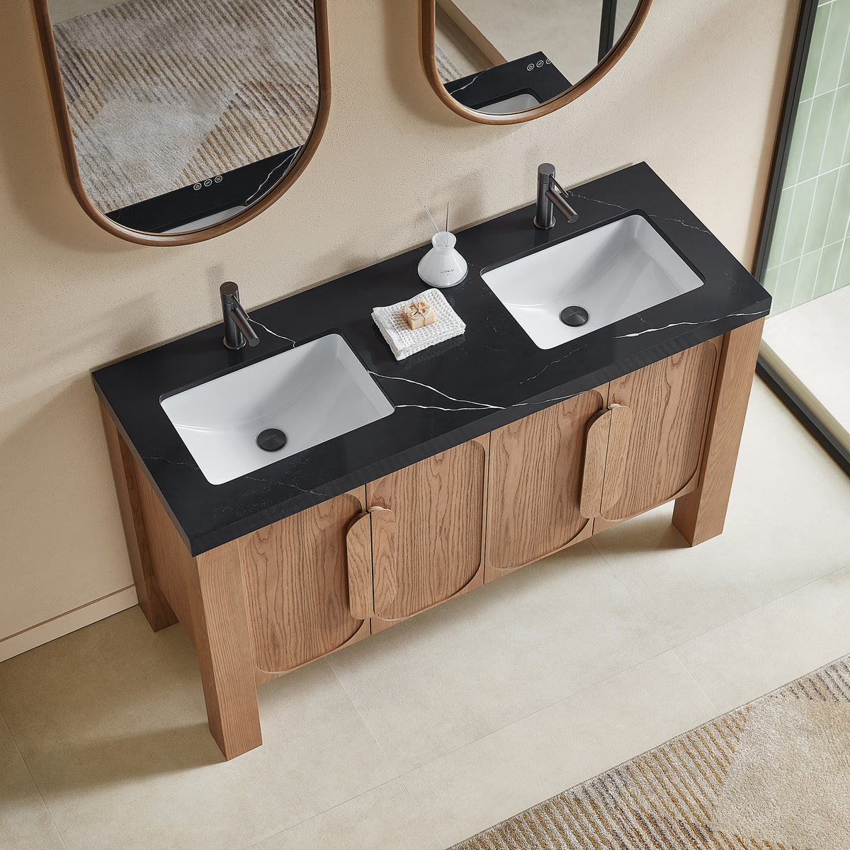 60" Natural Teak Freestanding Double Sinks Bathroom Vanity with Black Marquina Quartz Countertop