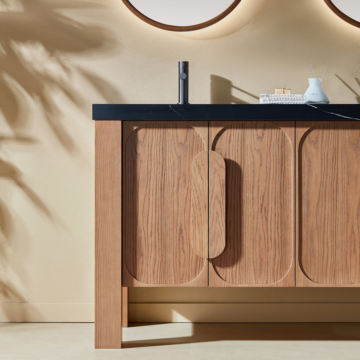 60" Natural Teak Freestanding Double Sinks Bathroom Vanity with Black Marquina Quartz Countertop