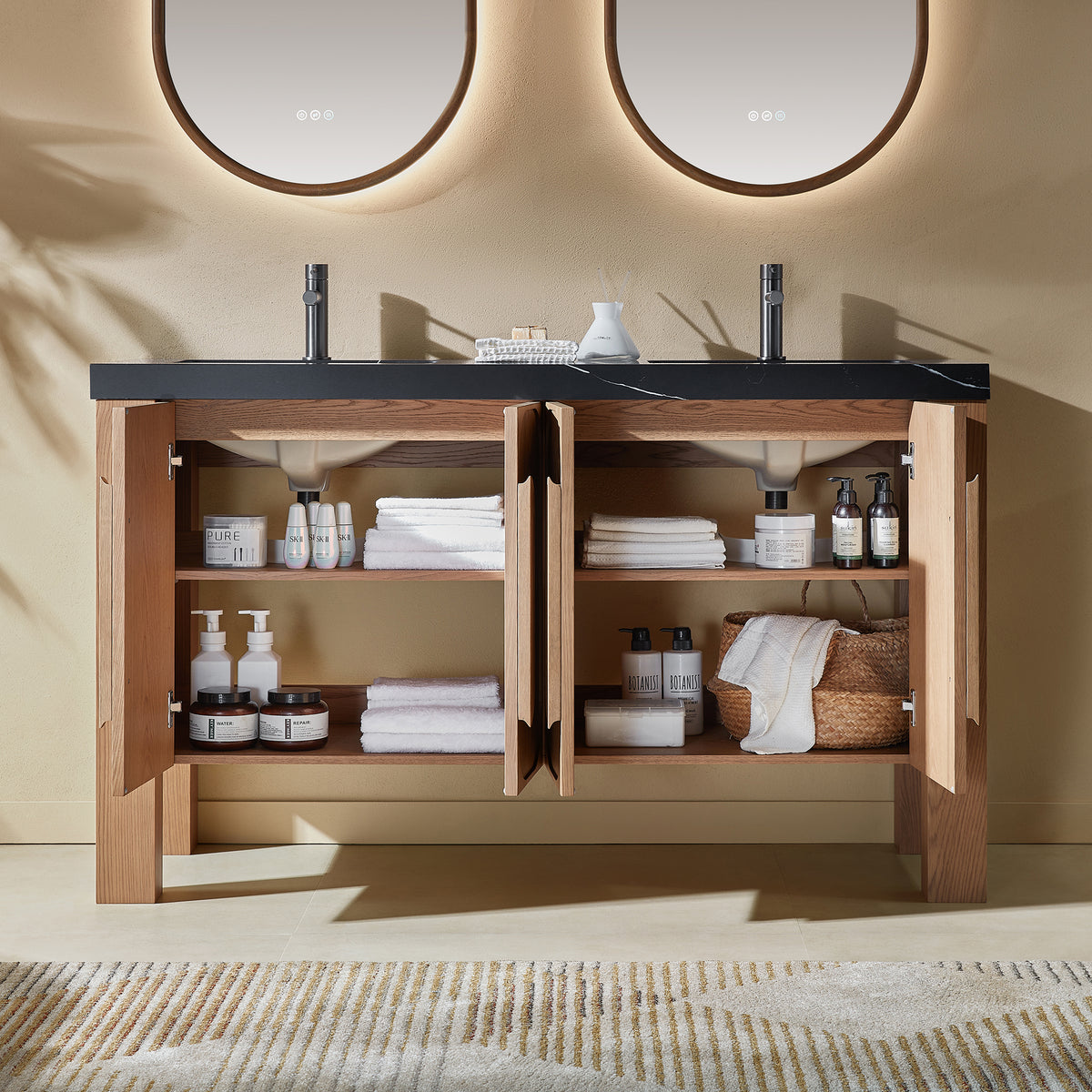 60" Natural Teak Freestanding Double Sinks Bathroom Vanity with Black Marquina Quartz Countertop