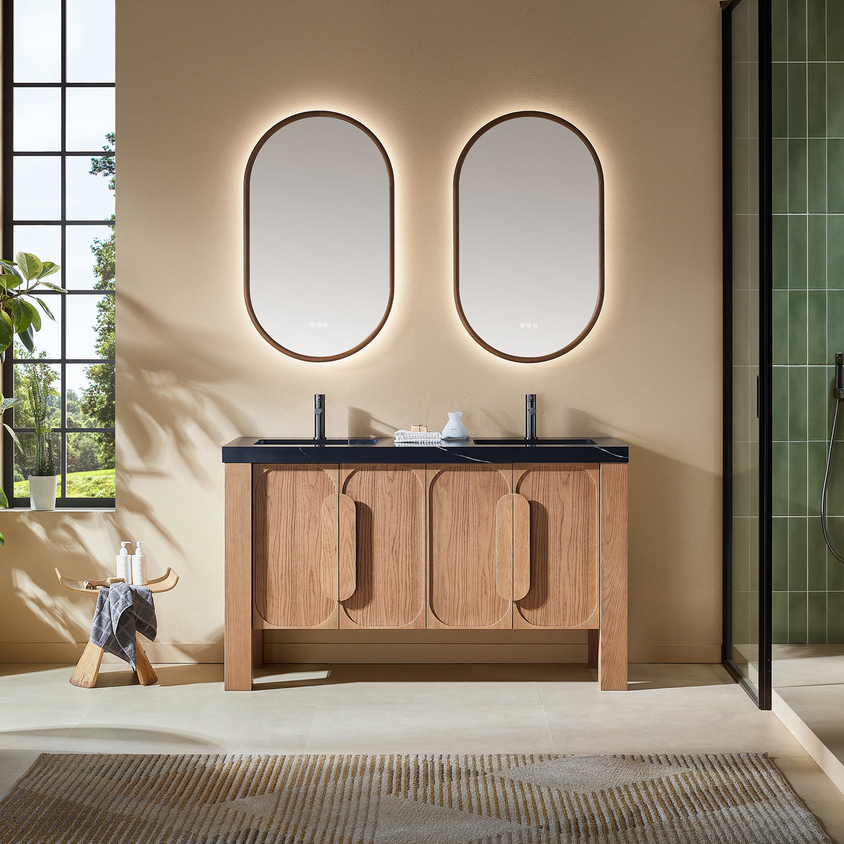 60" Natural Teak Freestanding Double Sinks Bathroom Vanity with Black Marquina Quartz Countertop