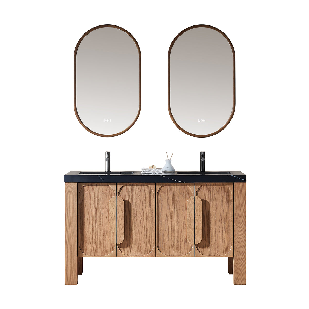 60" Natural Teak Freestanding Double Sinks Bathroom Vanity with Black Marquina Quartz Countertop