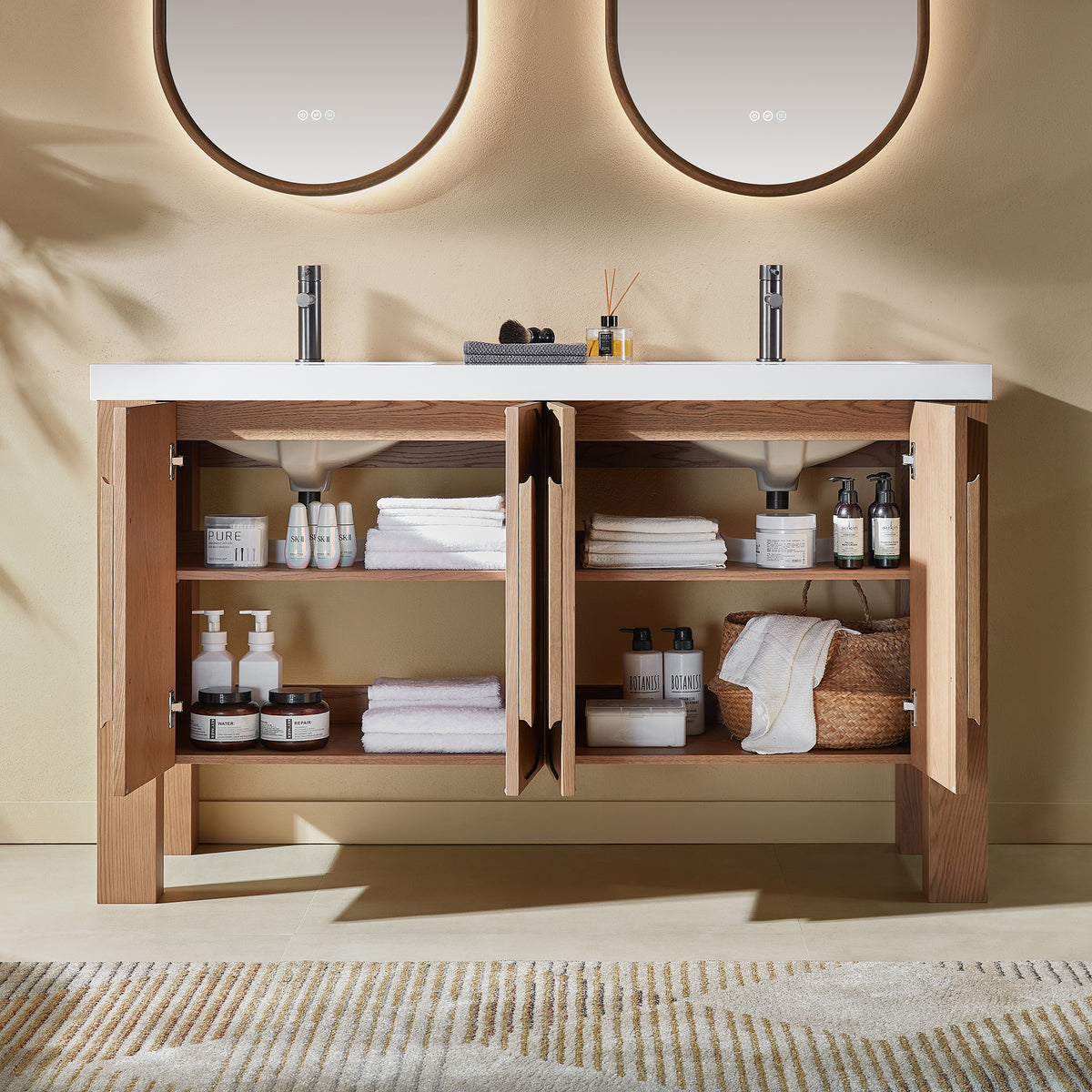 60" Natural Teak Freestanding Double Sinks Bathroom Vanity with Pure White Quartz Countertop