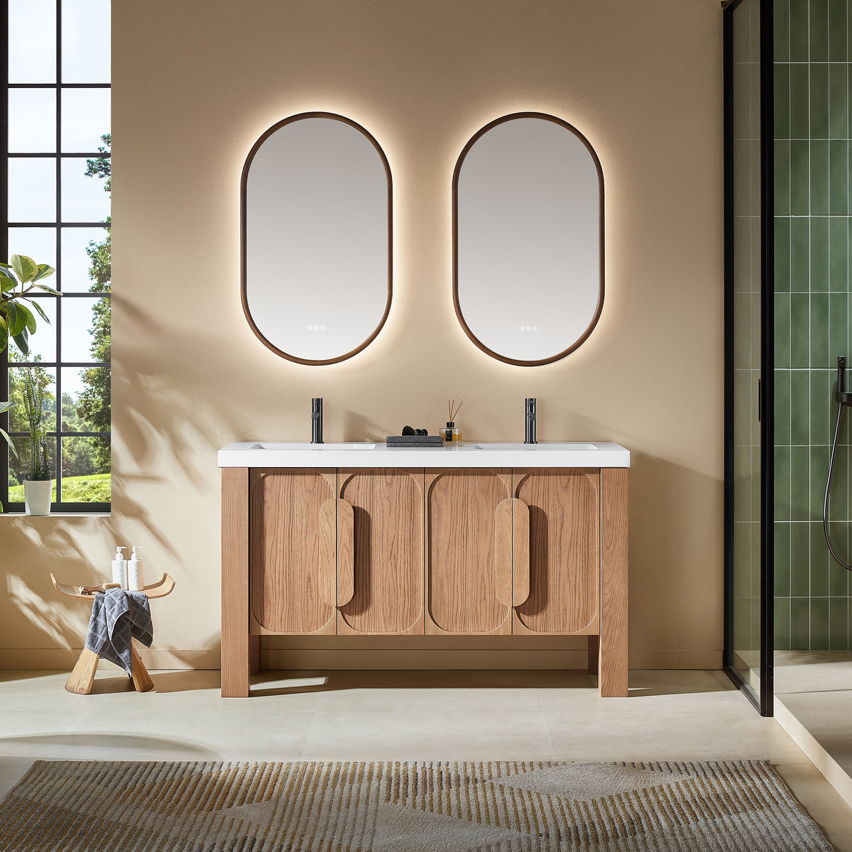 60" Natural Teak Freestanding Double Sinks Bathroom Vanity with Pure White Quartz Countertop