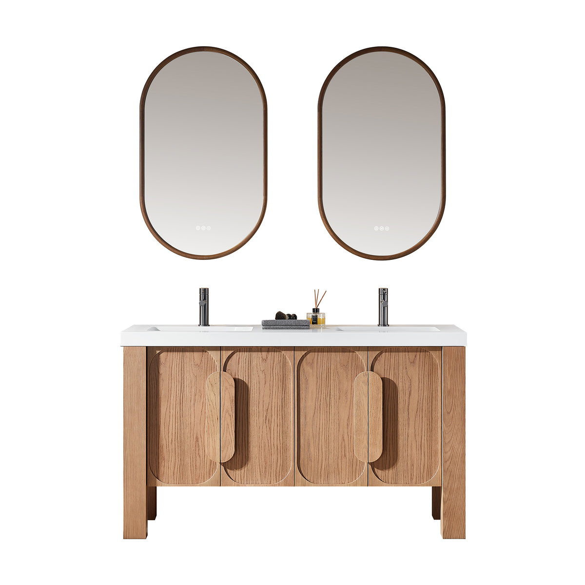60" Natural Teak Freestanding Double Sinks Bathroom Vanity with Pure White Quartz Countertop