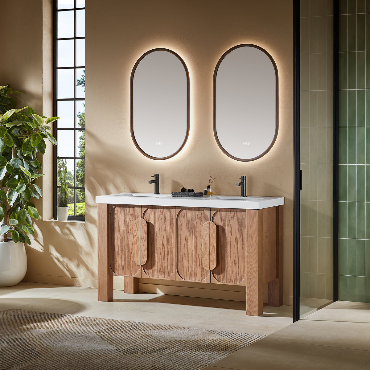 60" Natural Teak Freestanding Double Sinks Bathroom Vanity with Pure White Quartz Countertop