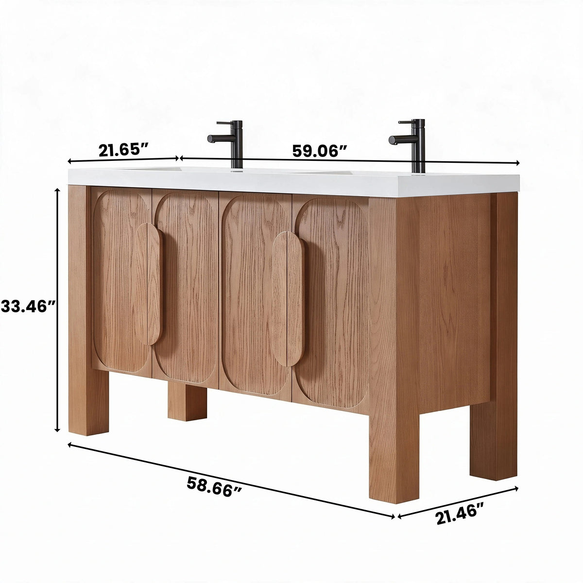 60" Natural Teak Freestanding Double Sinks Bathroom Vanity with Pure White Quartz Countertop