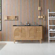 60" Pecan Oak Freestanding Double Sinks Bathroom Vanity with Black Marquina Quartz Countertop