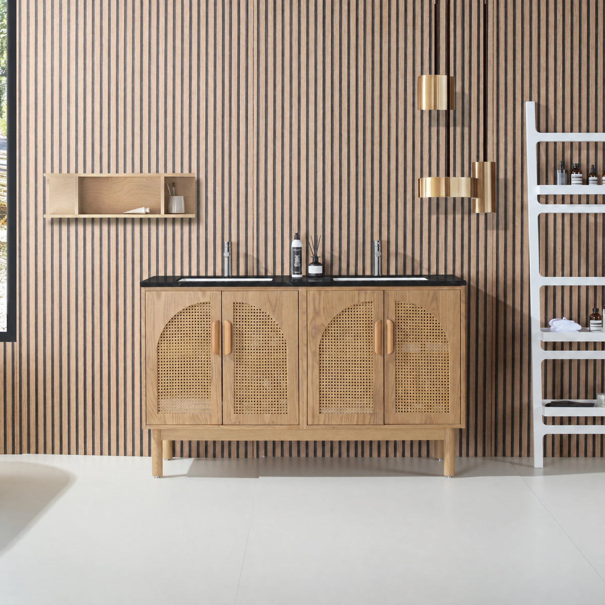 60" Pecan Oak Freestanding Double Sinks Bathroom Vanity with Black Marquina Quartz Countertop