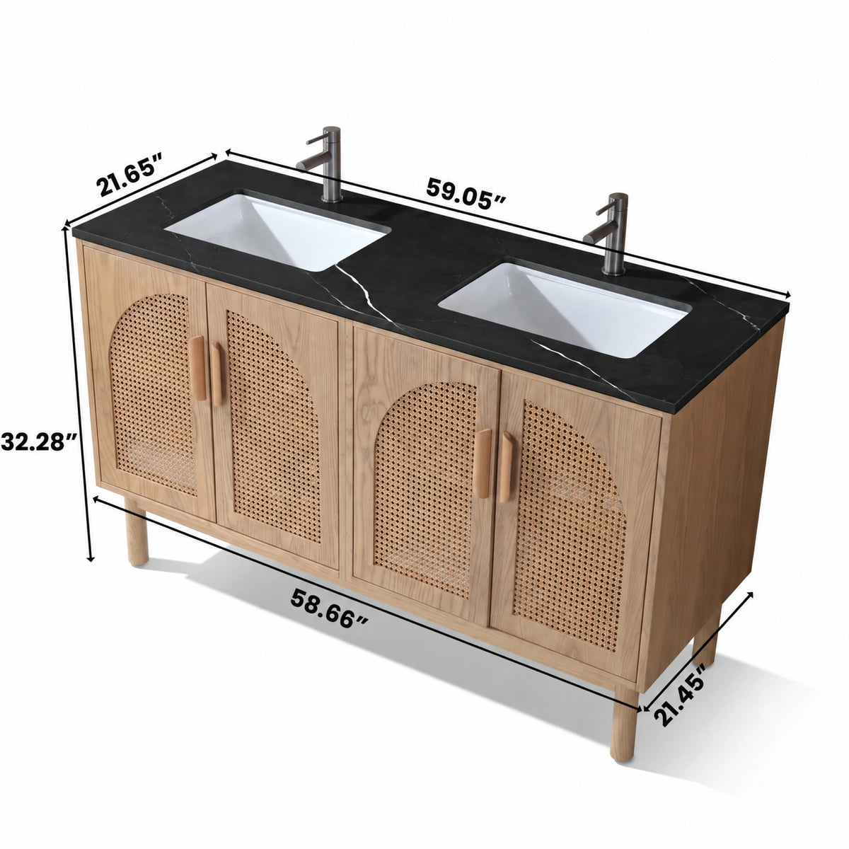 60" Pecan Oak Freestanding Double Sinks Bathroom Vanity with Black Marquina Quartz Countertop