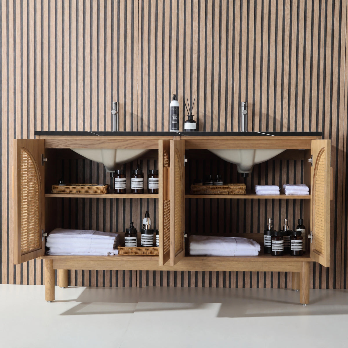 60" Pecan Oak Freestanding Double Sinks Bathroom Vanity with Black Marquina Quartz Countertop