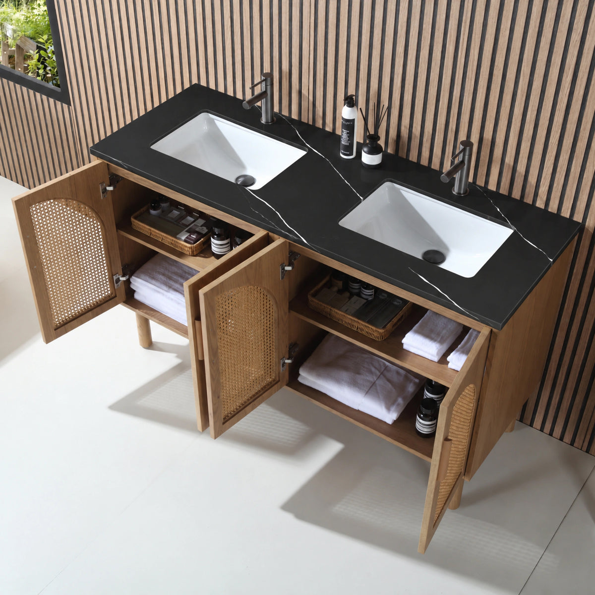 60" Pecan Oak Freestanding Double Sinks Bathroom Vanity with Black Marquina Quartz Countertop