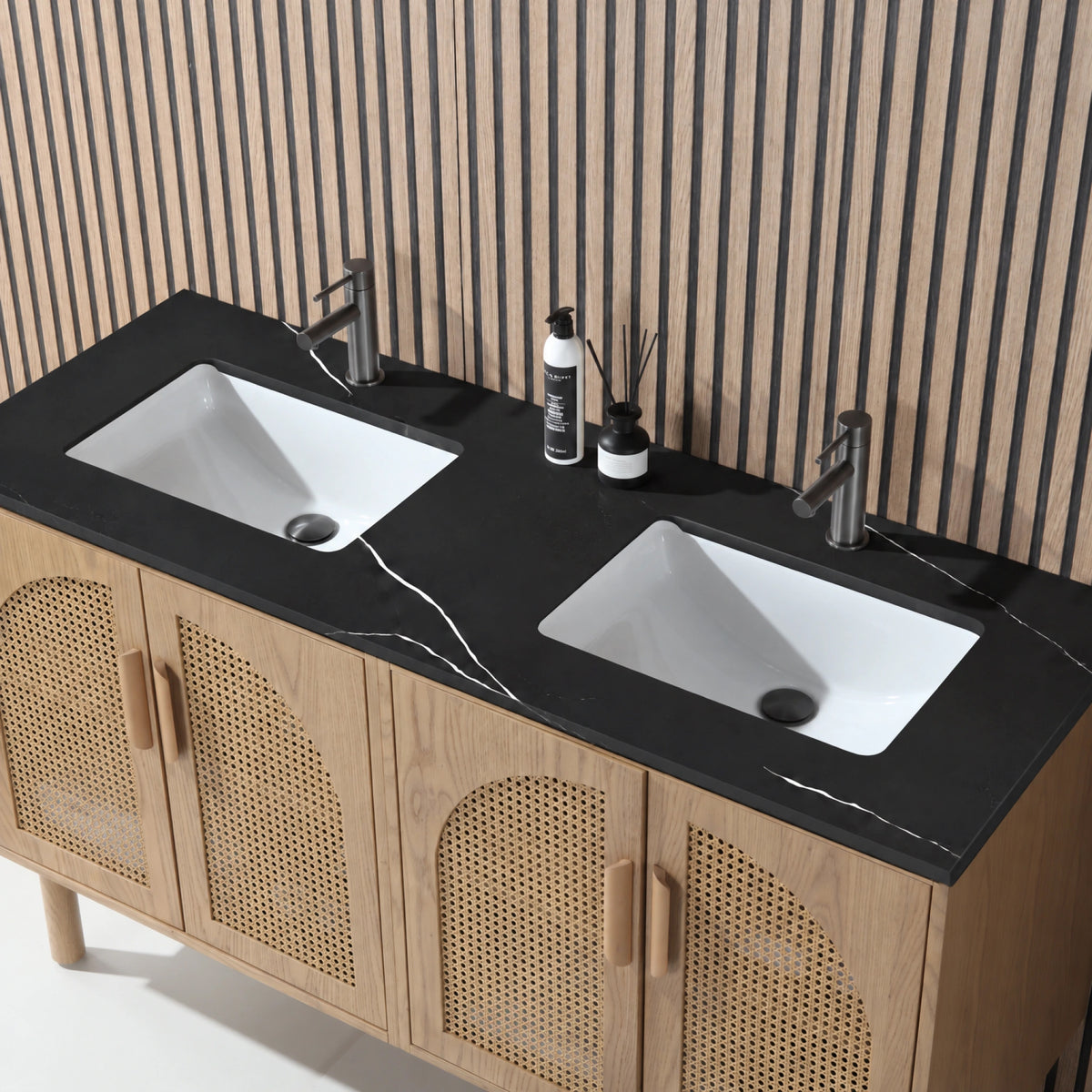 60" Pecan Oak Freestanding Double Sinks Bathroom Vanity with Black Marquina Quartz Countertop