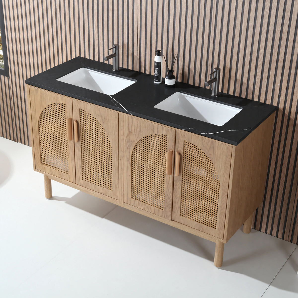 60" Pecan Oak Freestanding Double Sinks Bathroom Vanity with Black Marquina Quartz Countertop