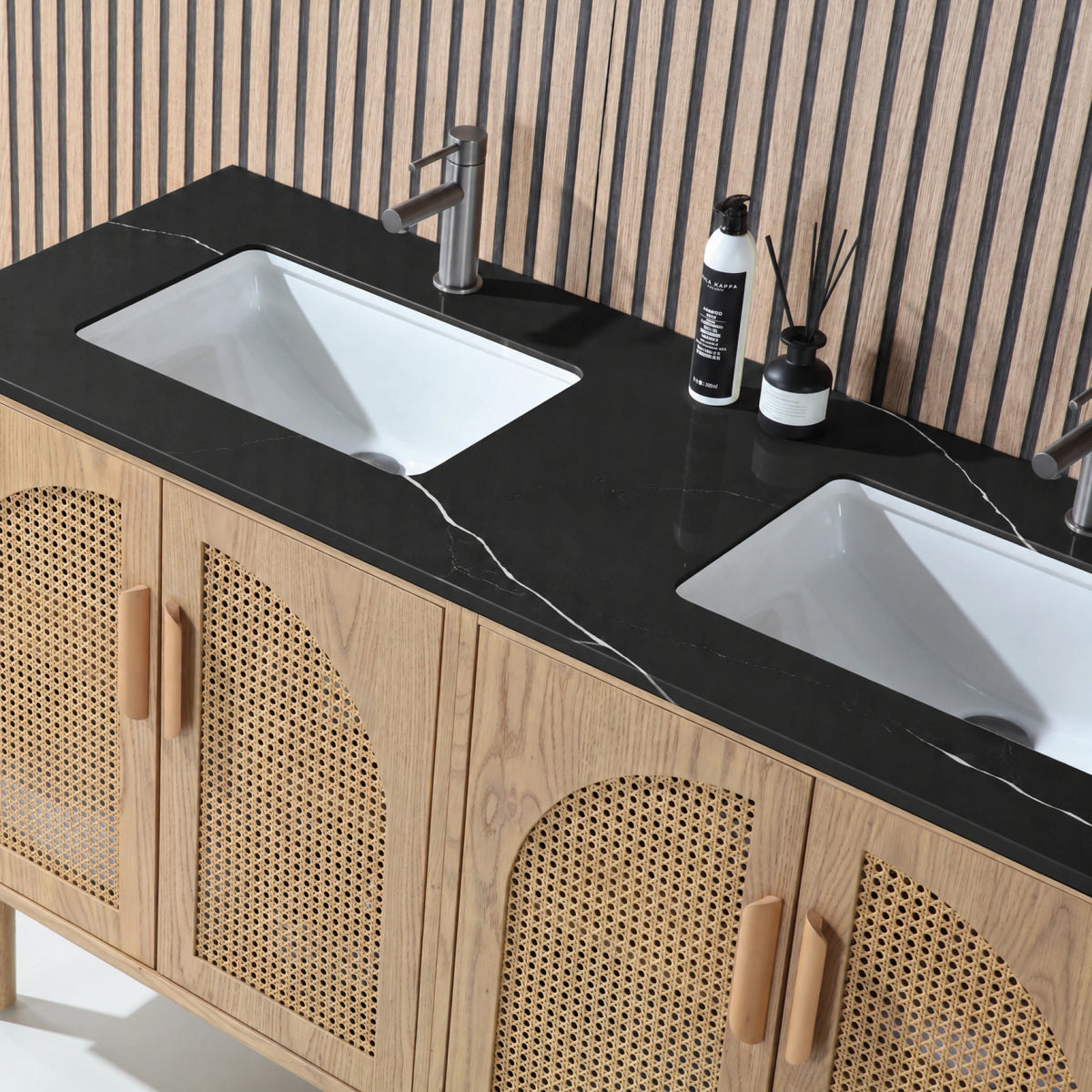 60" Pecan Oak Freestanding Double Sinks Bathroom Vanity with Black Marquina Quartz Countertop