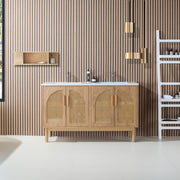 60" Pecan Oak Freestanding Double Sinks Bathroom Vanity with Pure White Quartz Countertop