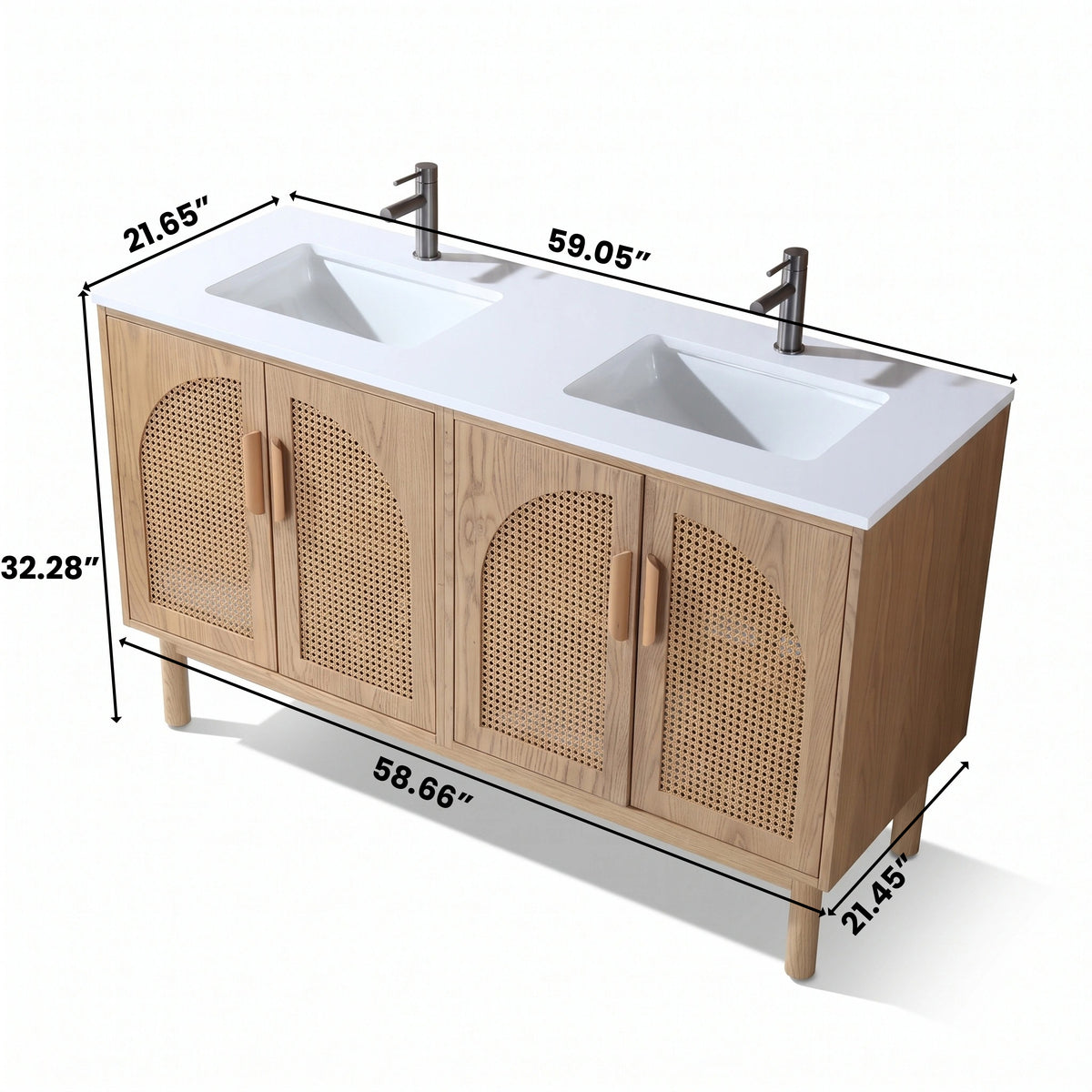 60" Pecan Oak Freestanding Double Sinks Bathroom Vanity with Pure White Quartz Countertop