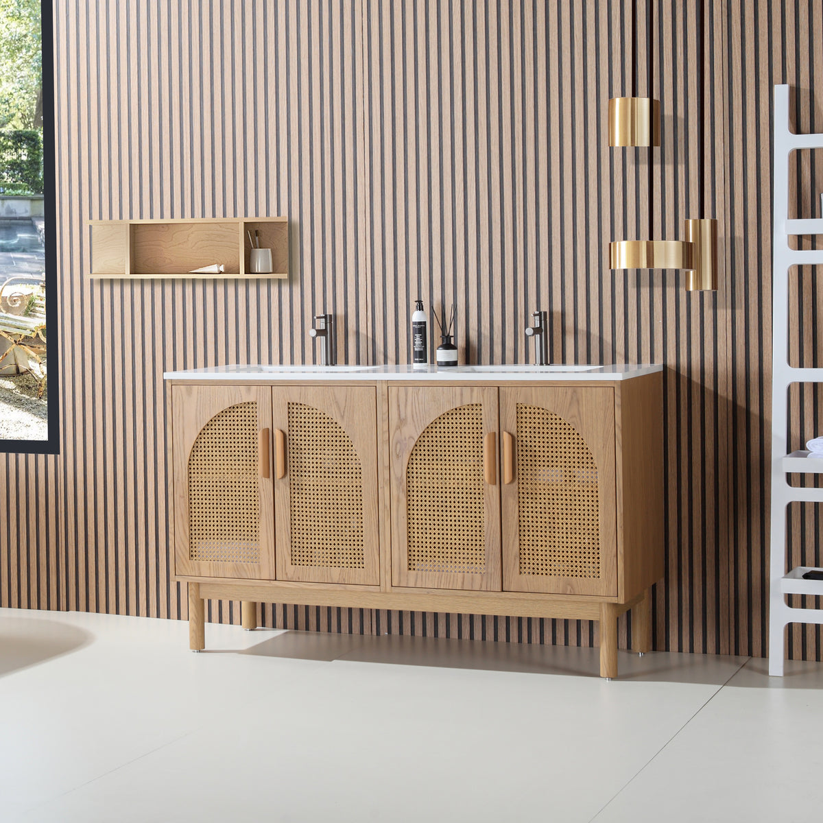 60" Pecan Oak Freestanding Double Sinks Bathroom Vanity with Pure White Quartz Countertop