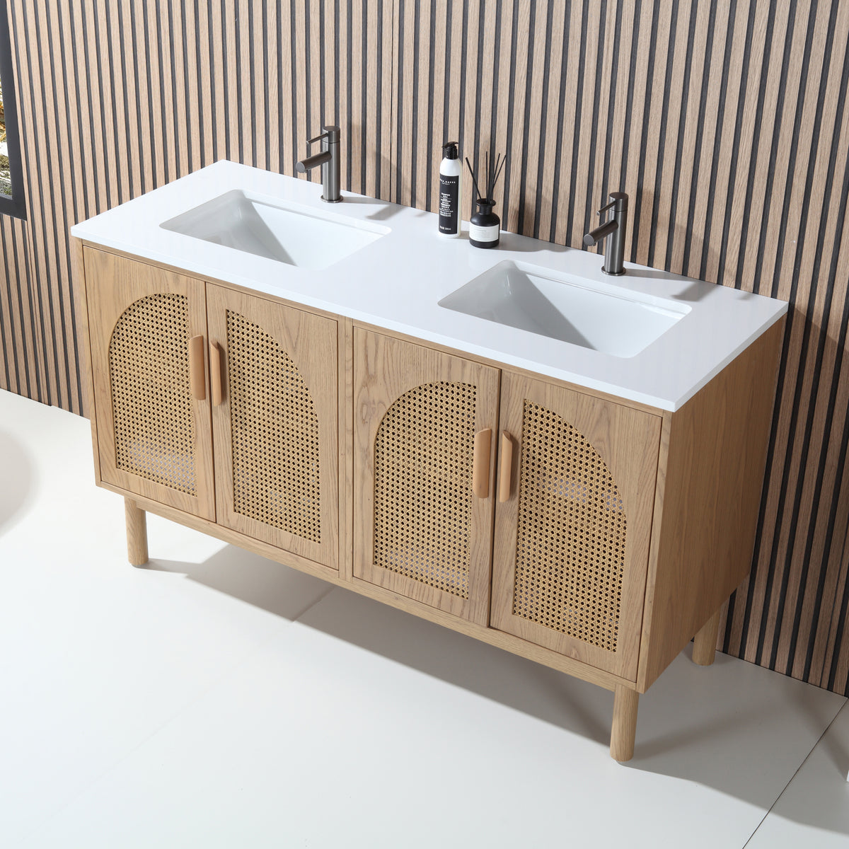 60" Pecan Oak Freestanding Double Sinks Bathroom Vanity with Pure White Quartz Countertop