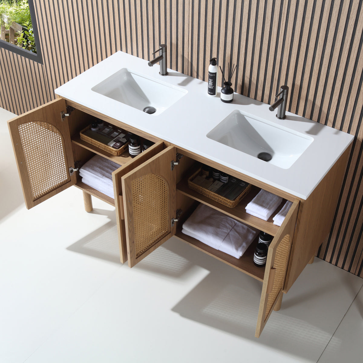 60" Pecan Oak Freestanding Double Sinks Bathroom Vanity with Pure White Quartz Countertop