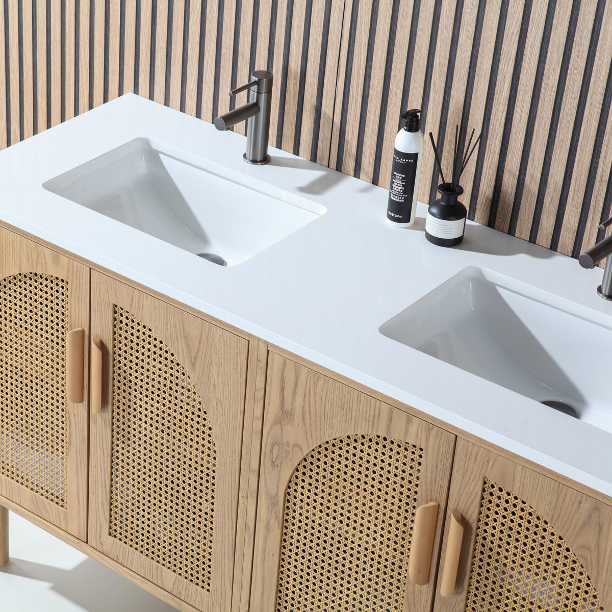 60" Pecan Oak Freestanding Double Sinks Bathroom Vanity with Pure White Quartz Countertop