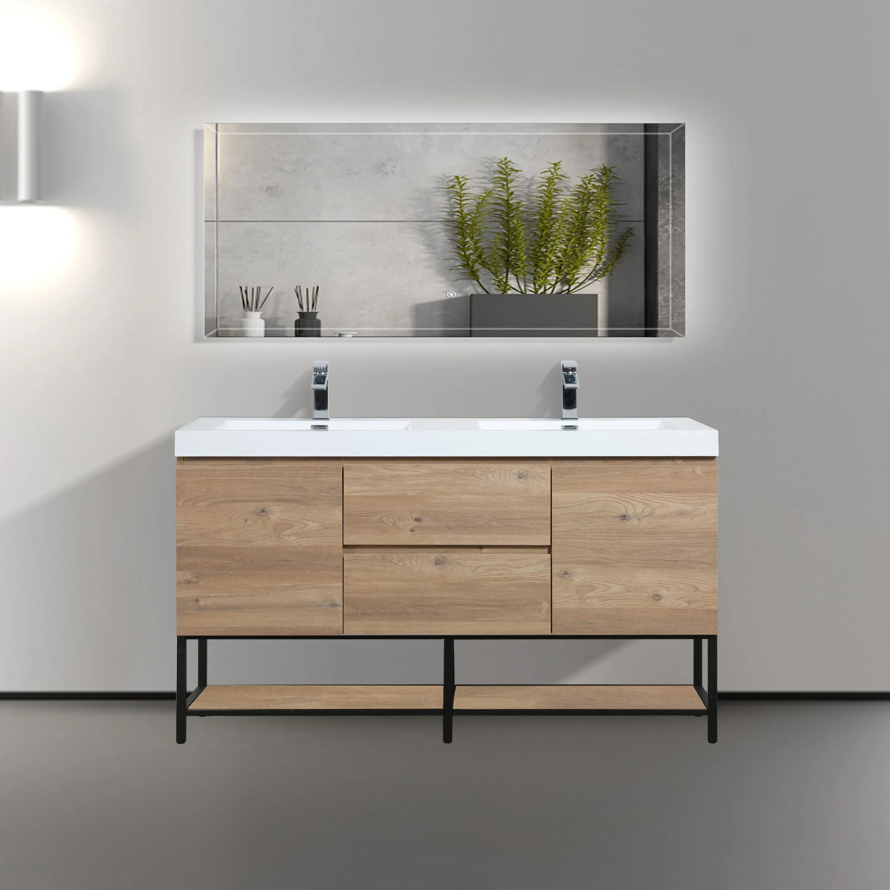 60" Rough Oak Wall Mount Double Sink Bathroom Vanity with White Polymarble Countertop