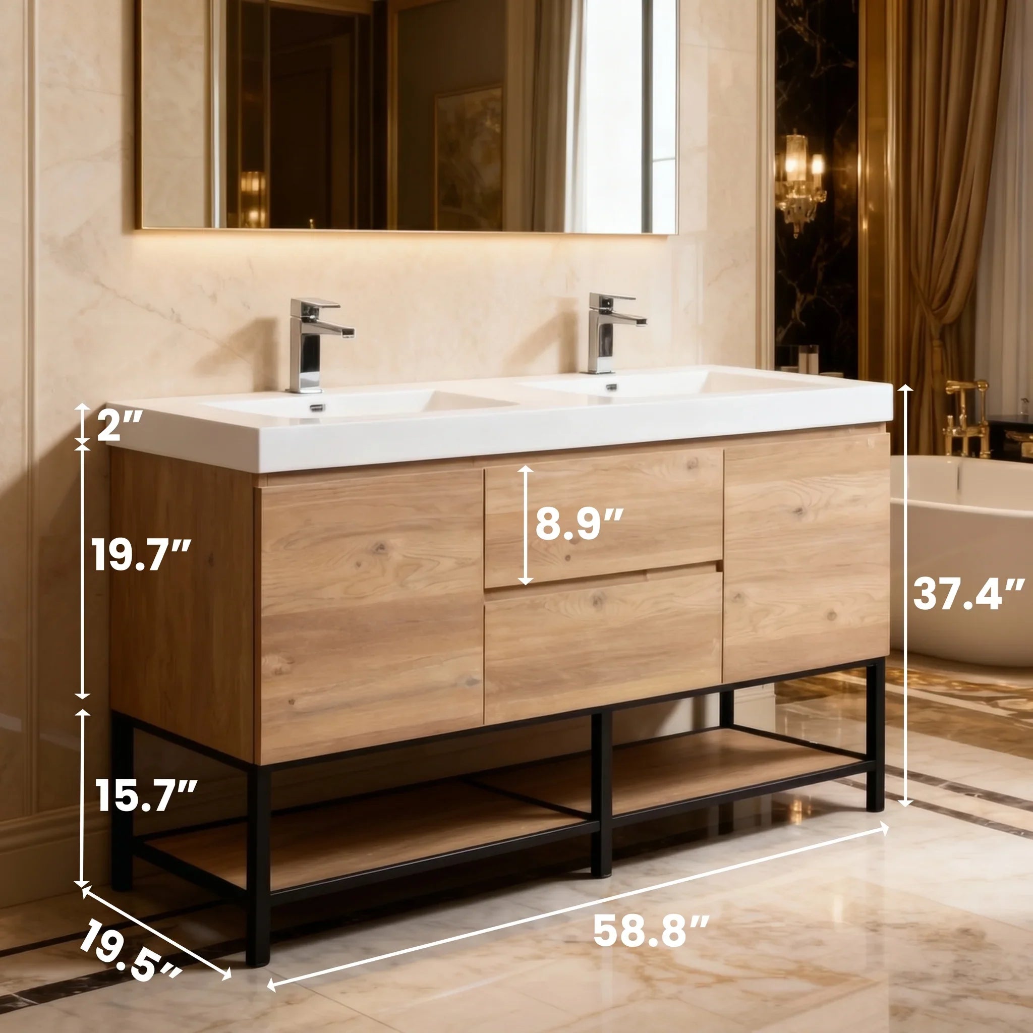 Meuble-lavabo double mural en chêne brut de 60" avec Comptoir en polymarbre blanc