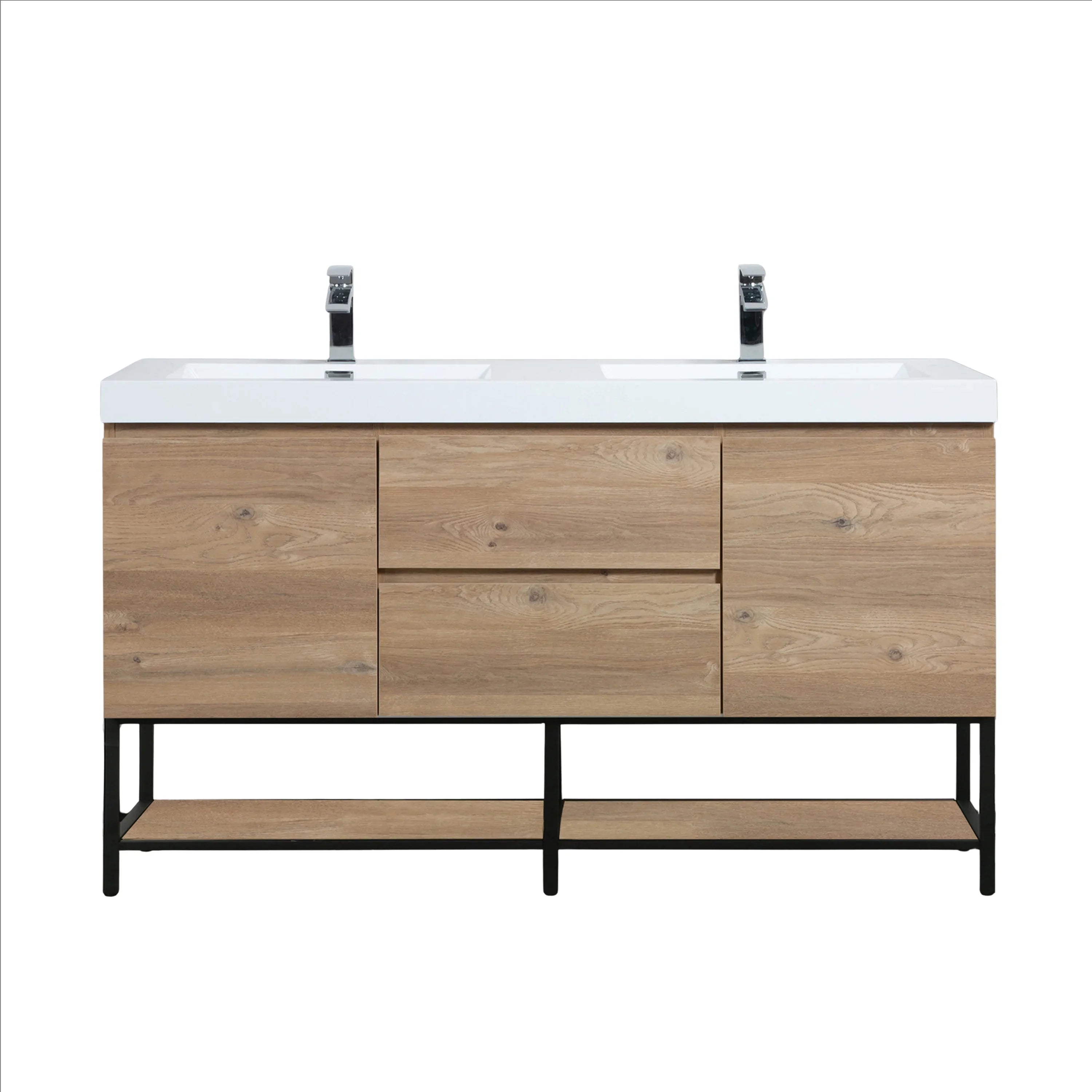 60" Rough Oak Wall Mount Double Sink Bathroom Vanity with White Polymarble Countertop