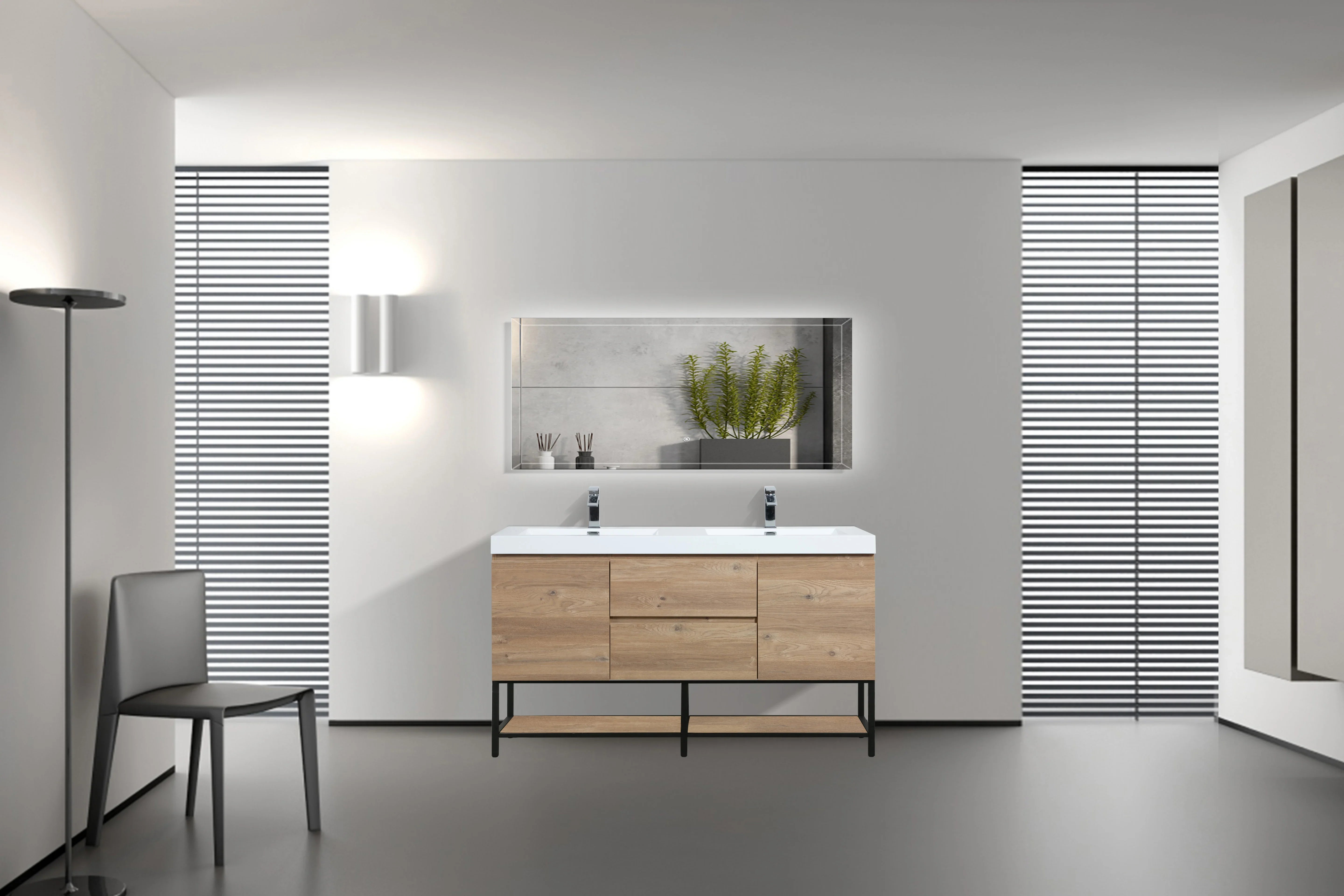 60" Rough Oak Wall Mount Double Sink Bathroom Vanity with White Polymarble Countertop