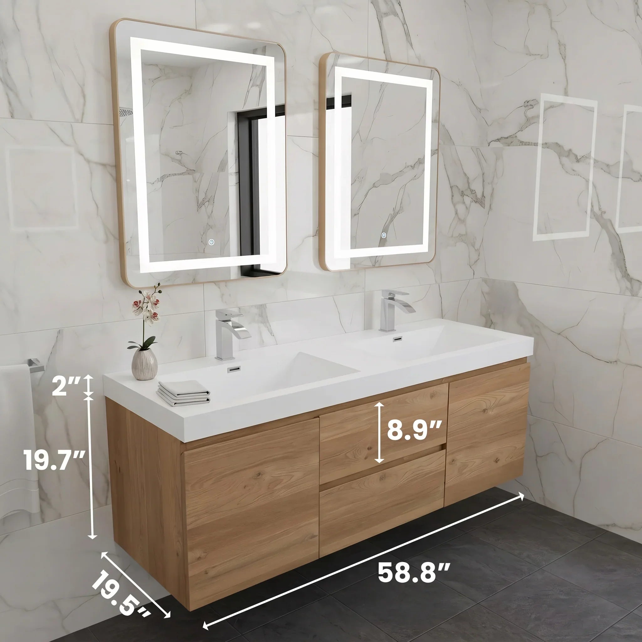 60" Rough Oak Wall Mount Double Sink Bathroom Vanity with White Polymarble Countertop