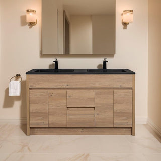 60" Rough Oak Freestanding Double Sink Bathroom Vanity with Black Engineered Quartz Countertop - Golden Elite Deco