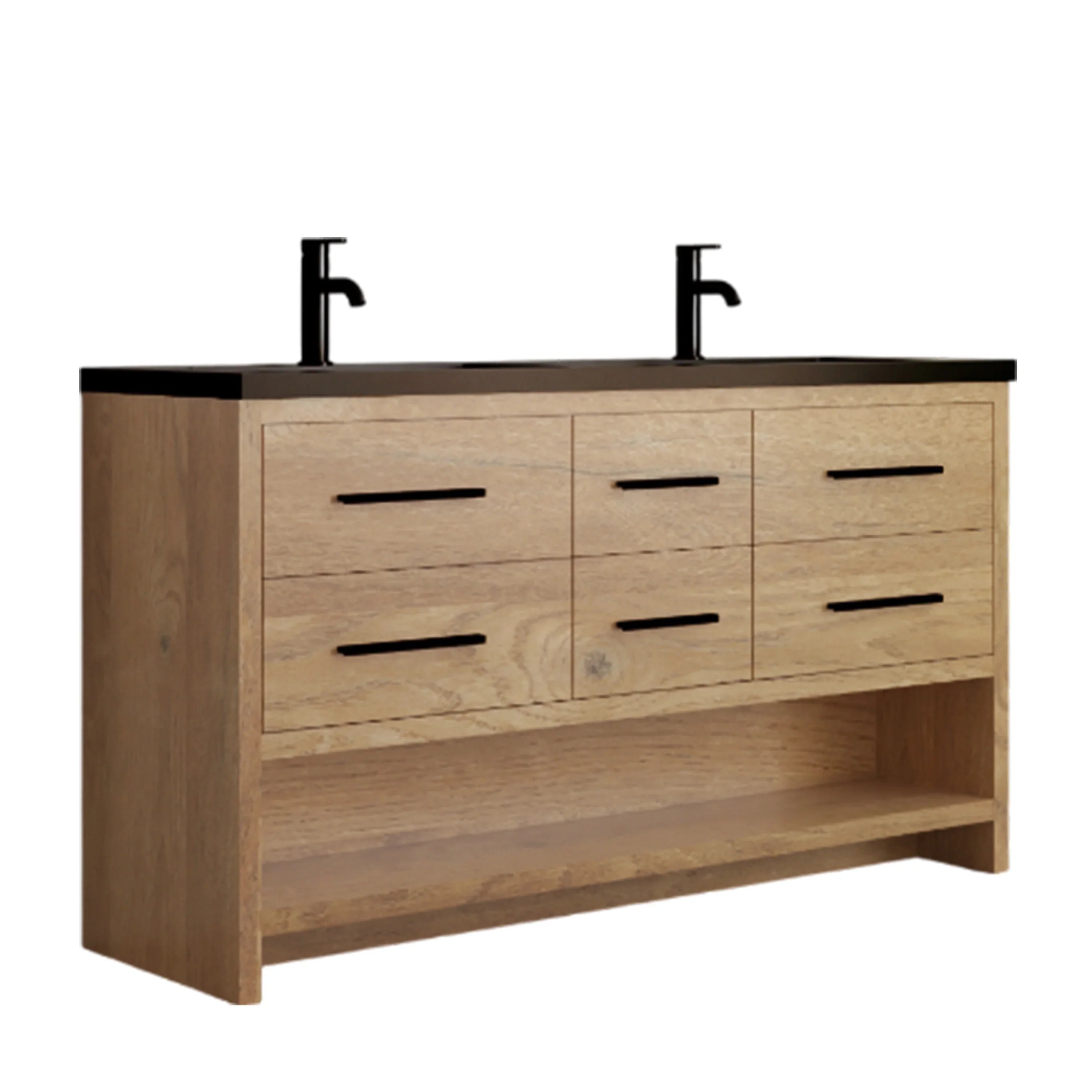 60" Rough Oak Freestanding Double Sink Bathroom Vanity with Black Engineered Quartz Countertop