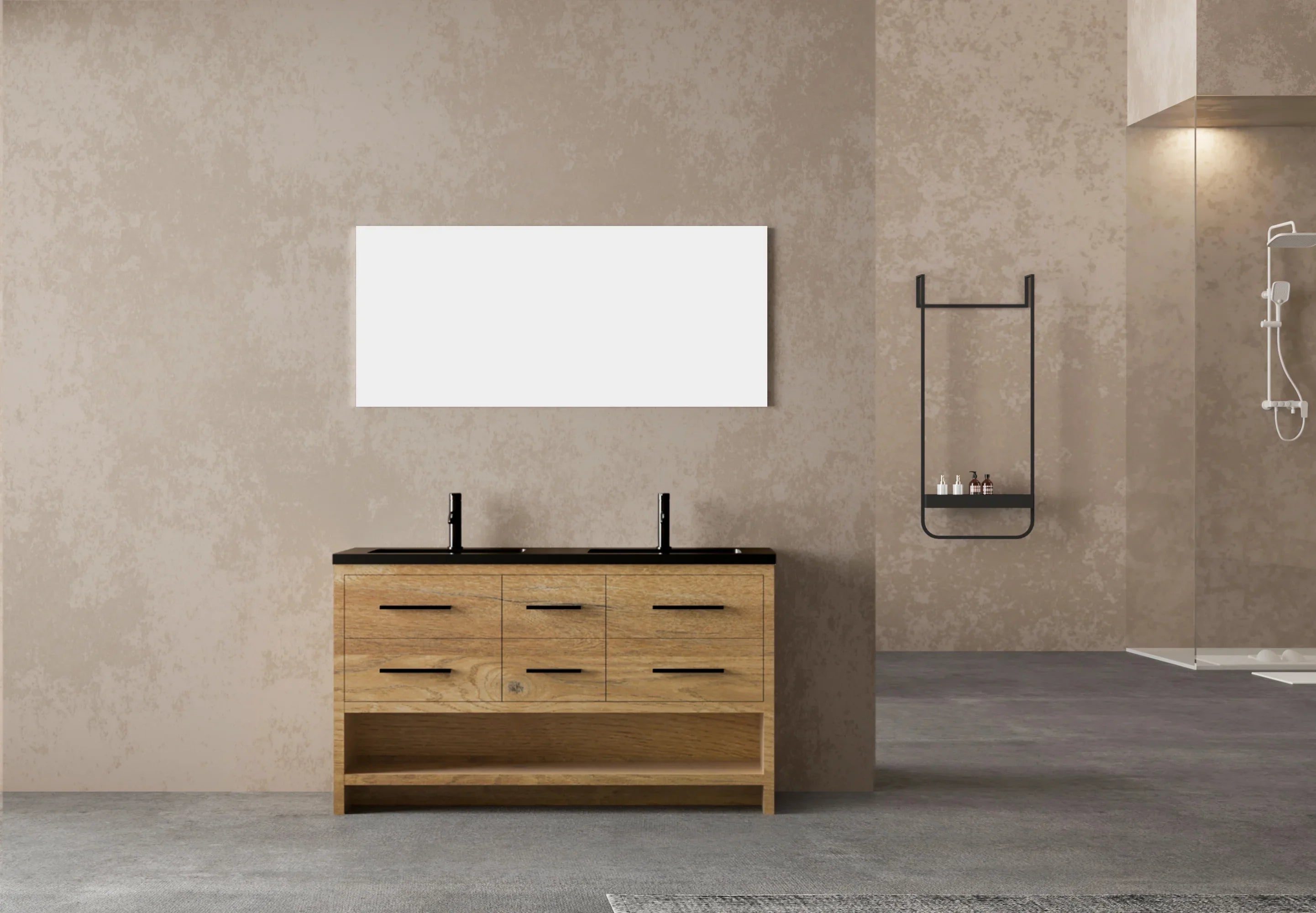 60" Rough Oak Freestanding Double Sink Bathroom Vanity with Black Engineered Quartz Countertop