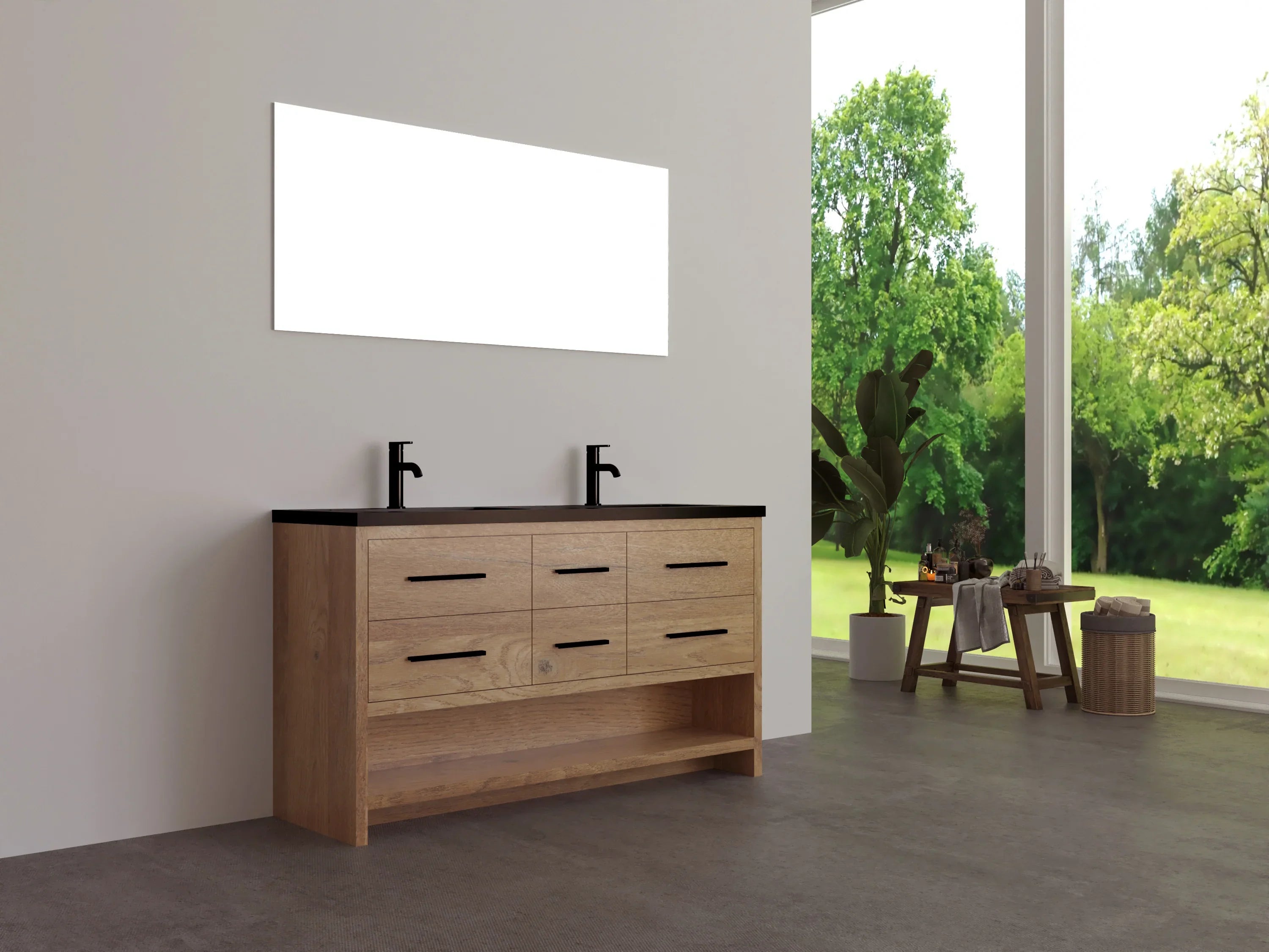 60" Rough Oak Freestanding Double Sink Bathroom Vanity with Black Engineered Quartz Countertop