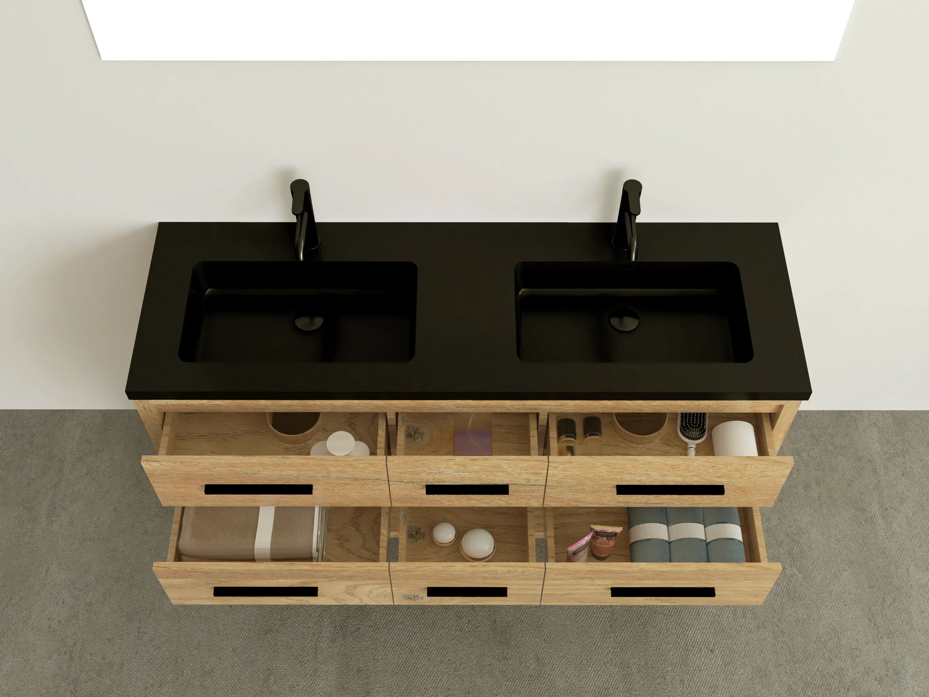 60" Rough Oak Freestanding Double Sink Bathroom Vanity with Black Engineered Quartz Countertop