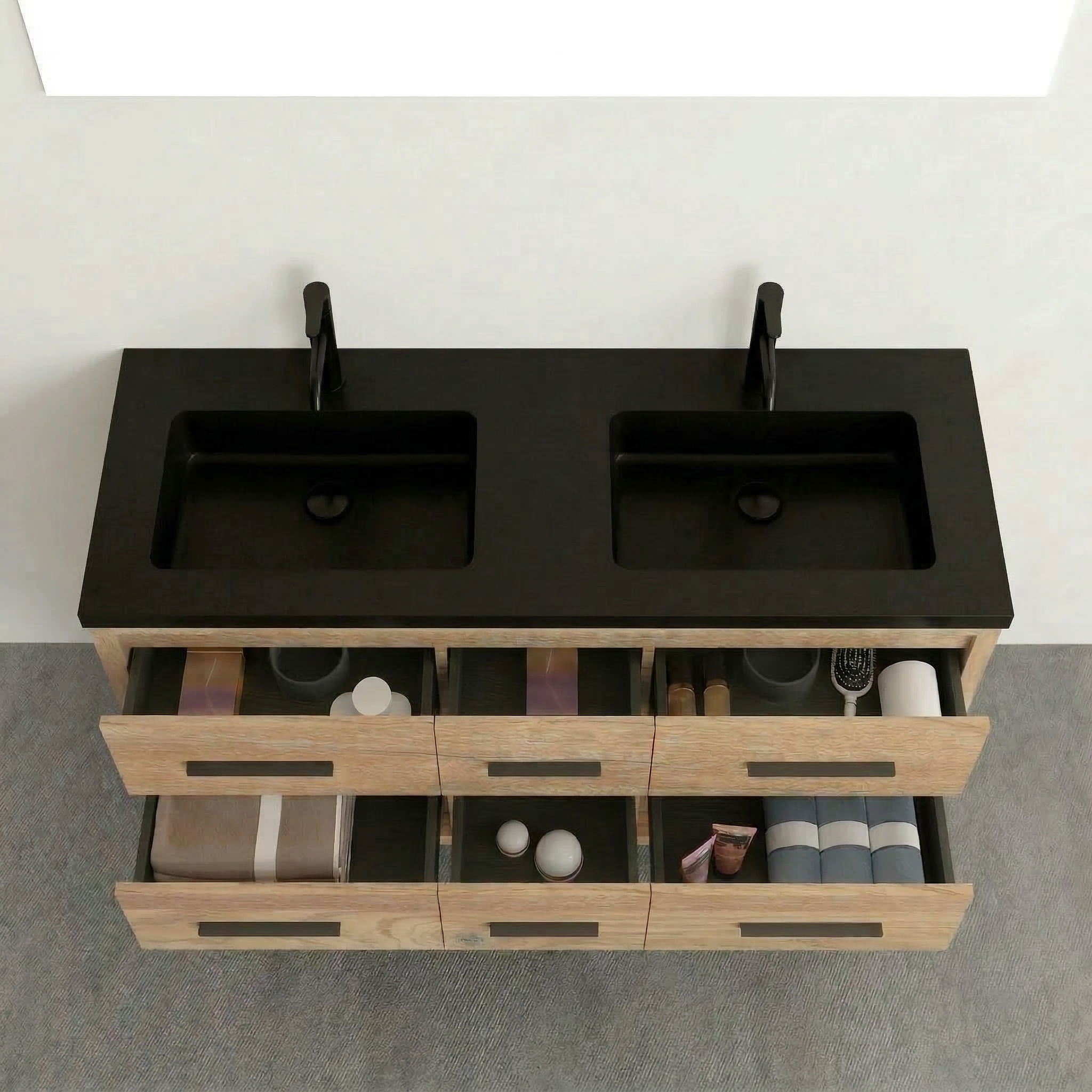 Meuble-Lavabo Autoportant 60po Chêne Brut avec Comptoir de Quartz d'ingénierie Noir