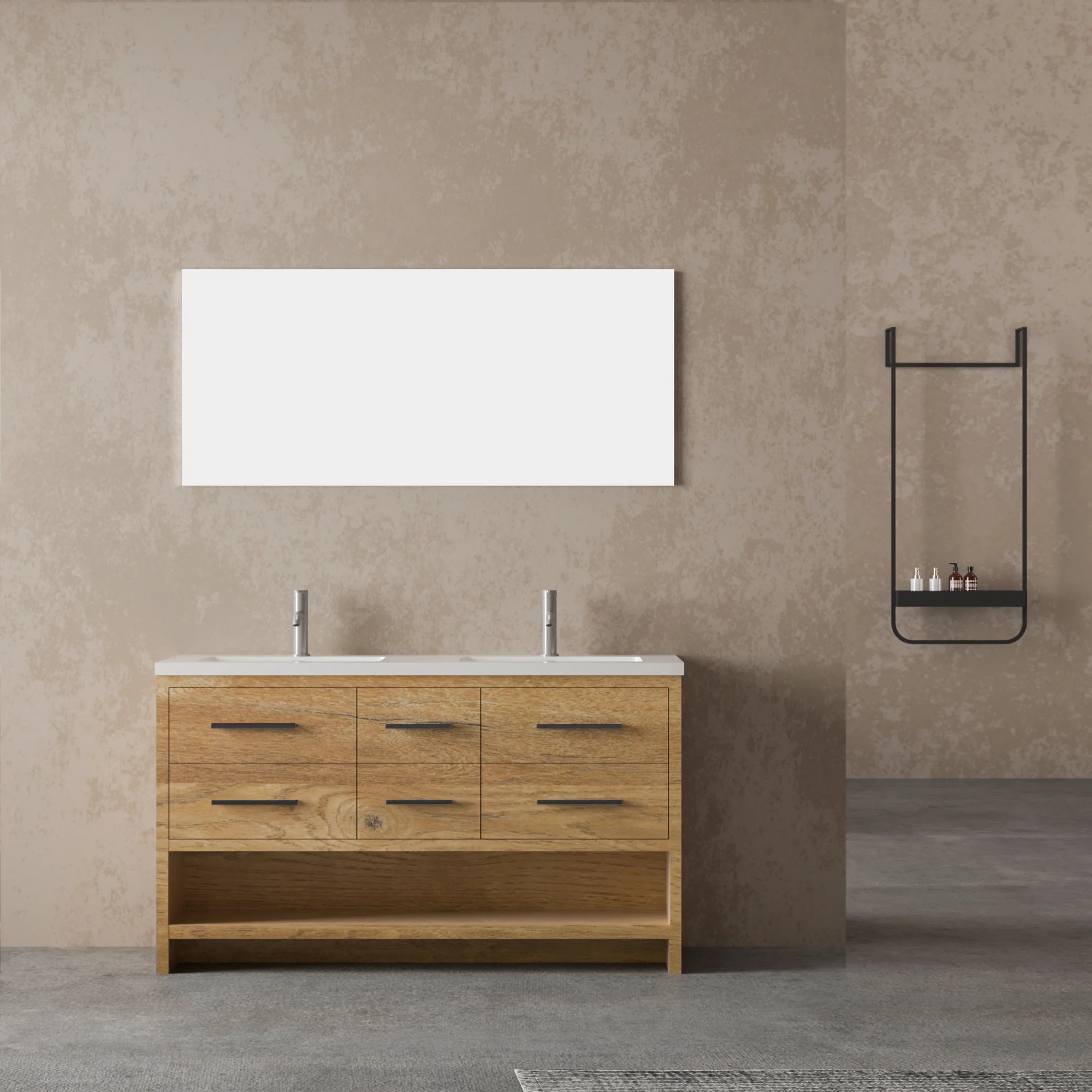 Meuble-Lavabo Autoportant 60po Chêne Brut avec Comptoir de Polymarbre Blanc