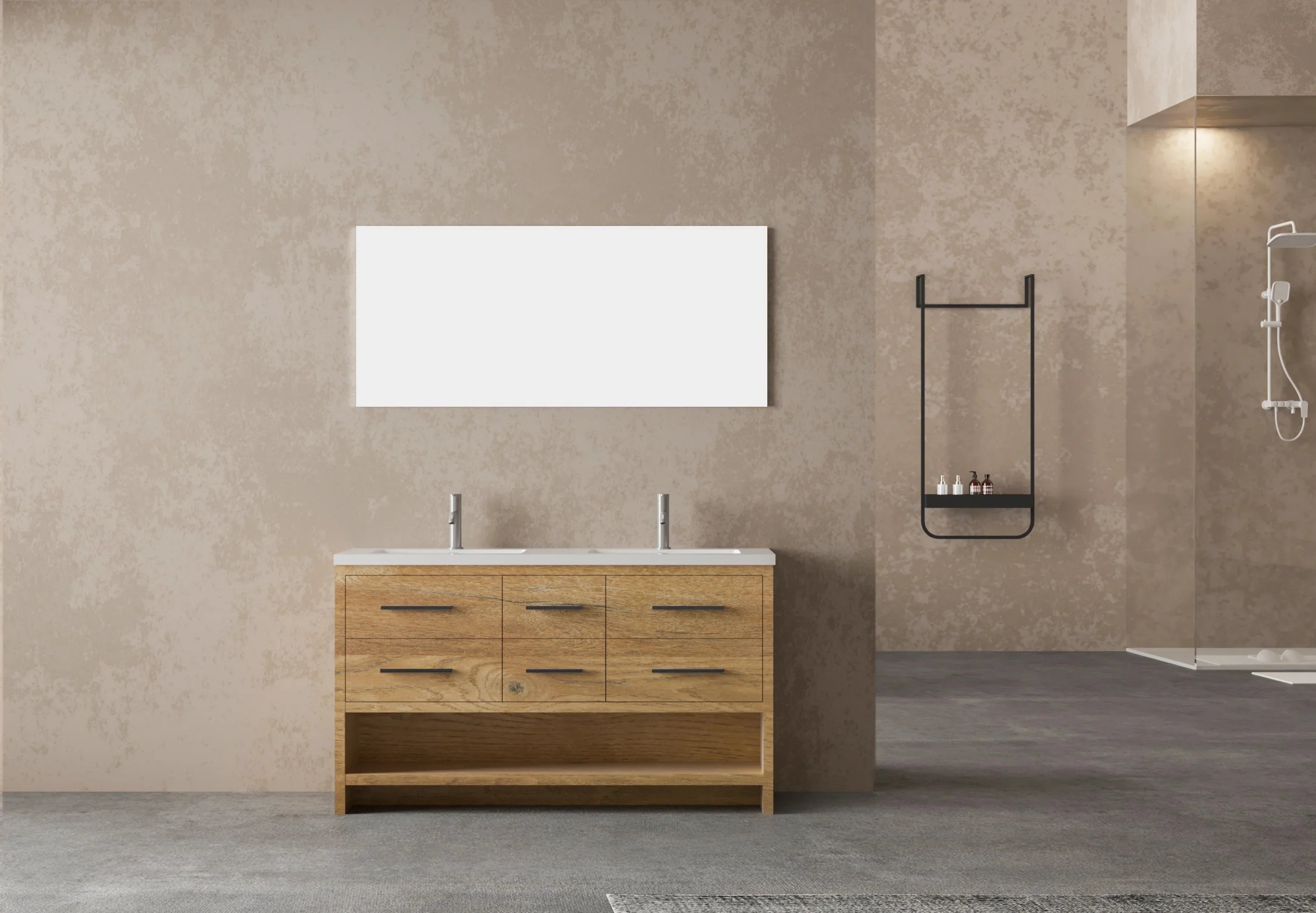 Meuble-Lavabo Autoportant 60po Chêne Brut avec Comptoir de Polymarbre Blanc