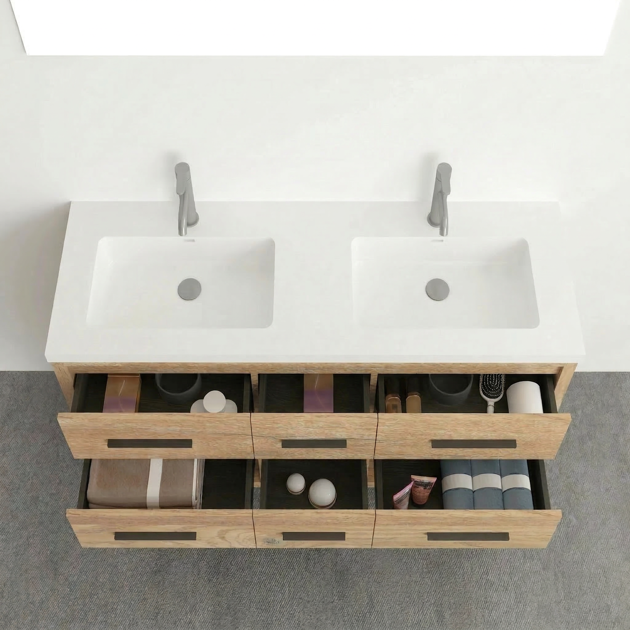 Meuble-Lavabo Autoportant 60po Chêne Brut avec Comptoir de Polymarbre Blanc