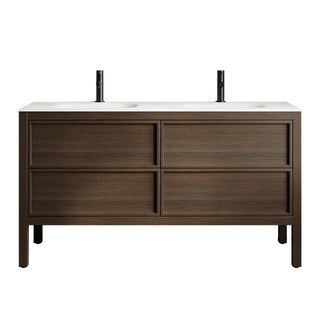 60" Smoked Oak Freestanding Double Sink Bathroom Vanity with White Solid Surface Countertop