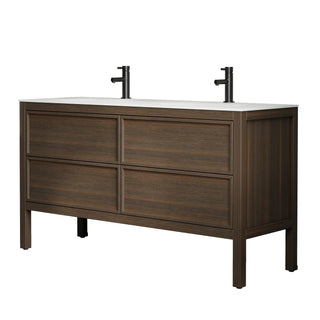 60" Smoked Oak Freestanding Double Sink Bathroom Vanity with White Solid Surface Countertop