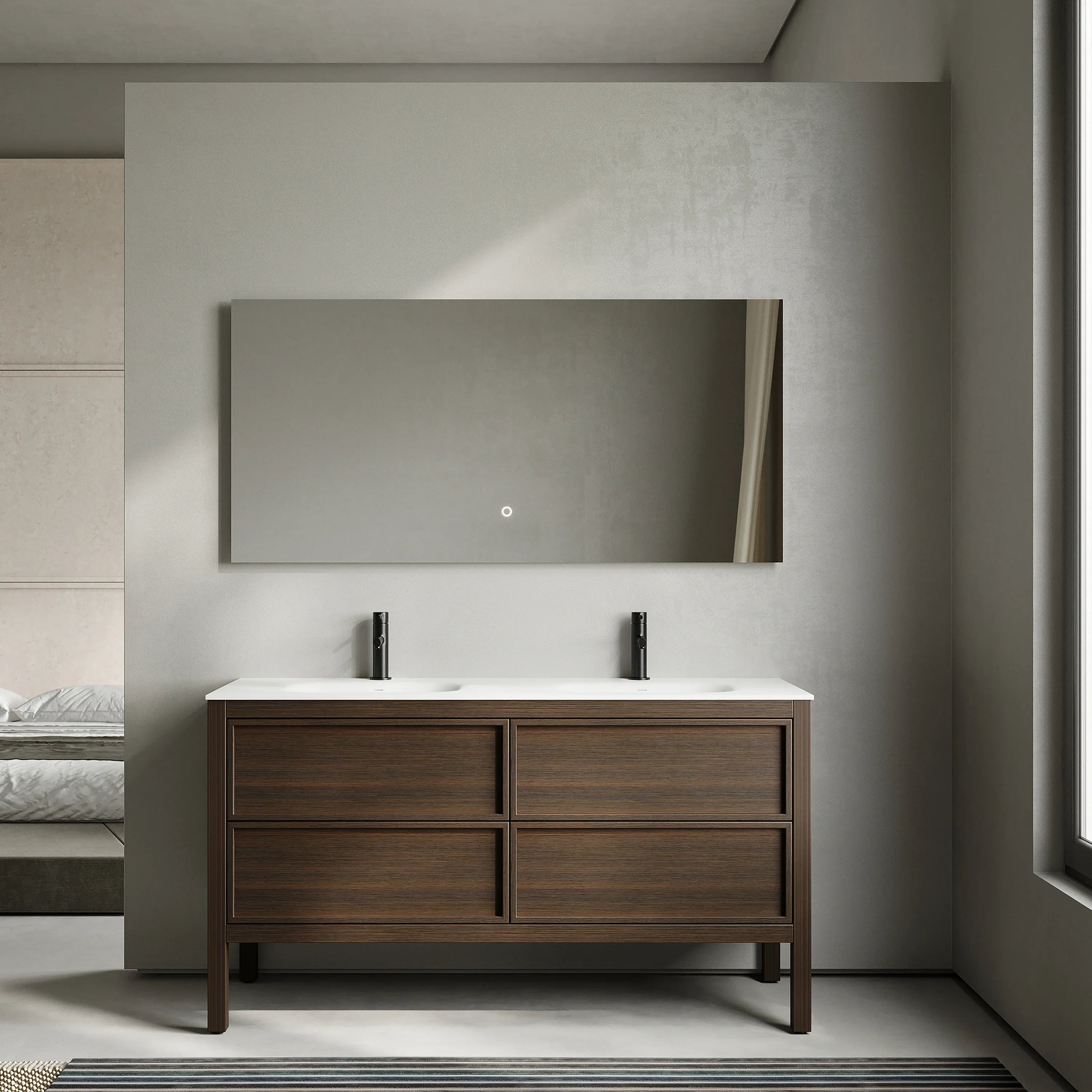 60" Smoked Oak Freestanding Double Sink Bathroom Vanity with White Solid Surface Countertop