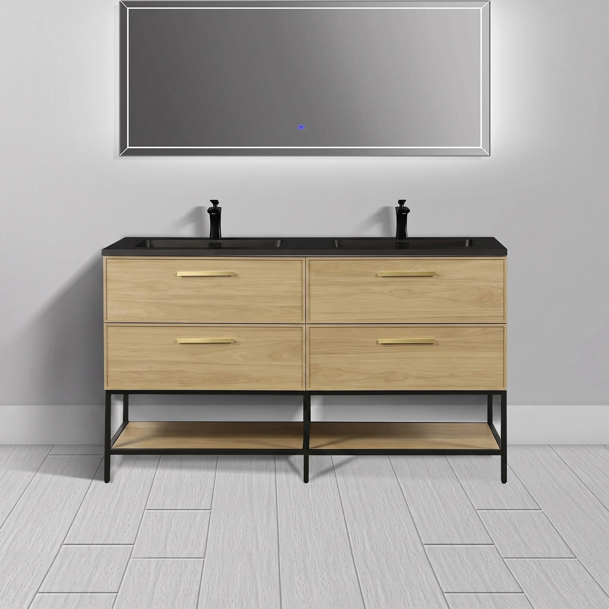 Meuble-lavabo de salle de bain mural 60" Sunset Walnut avec comptoir et poignées en quartz technique noir