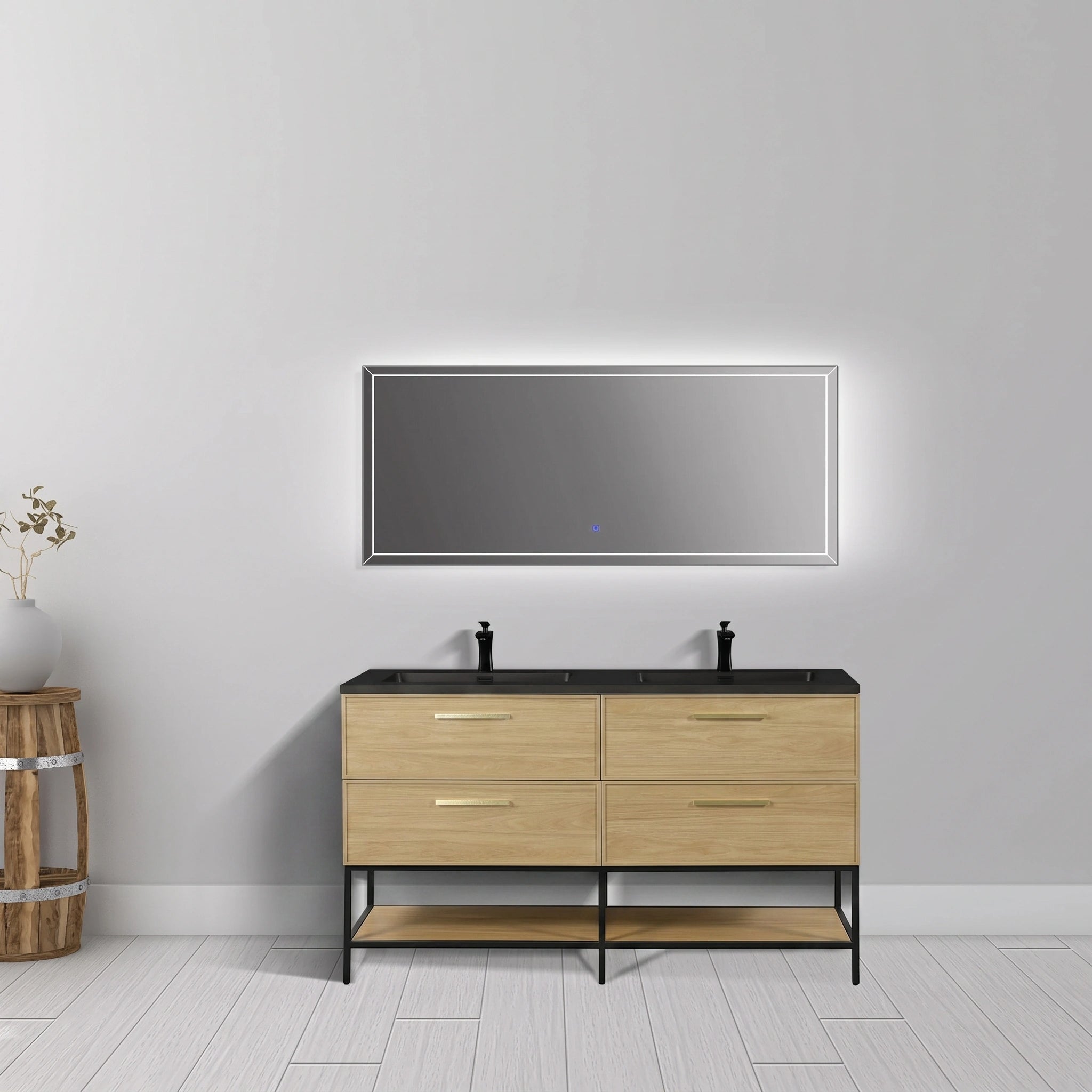 Meuble-lavabo de salle de bain mural 60" Sunset Walnut avec comptoir et poignées en quartz technique noir