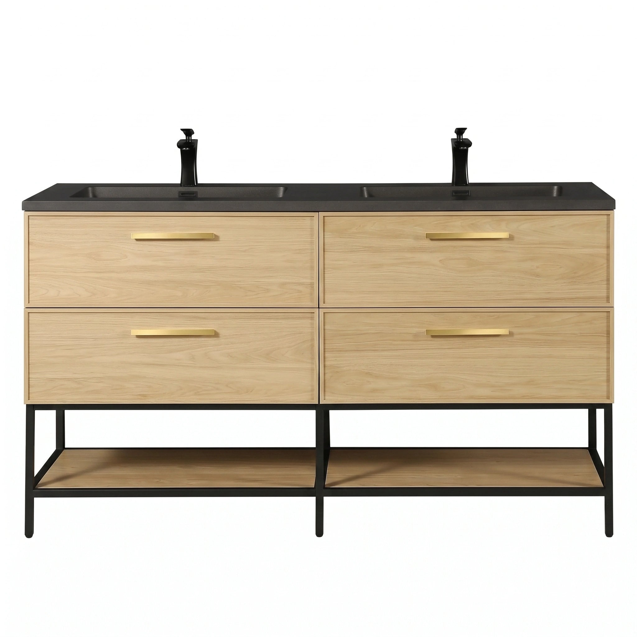 Meuble-lavabo de salle de bain mural 60" Sunset Walnut avec comptoir et poignées en quartz technique noir